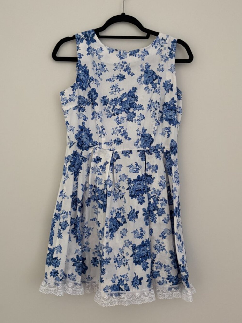 Say What? White Blue Floral Lace Hem Fit Flare Mini Dress Cottagecore Coquette L